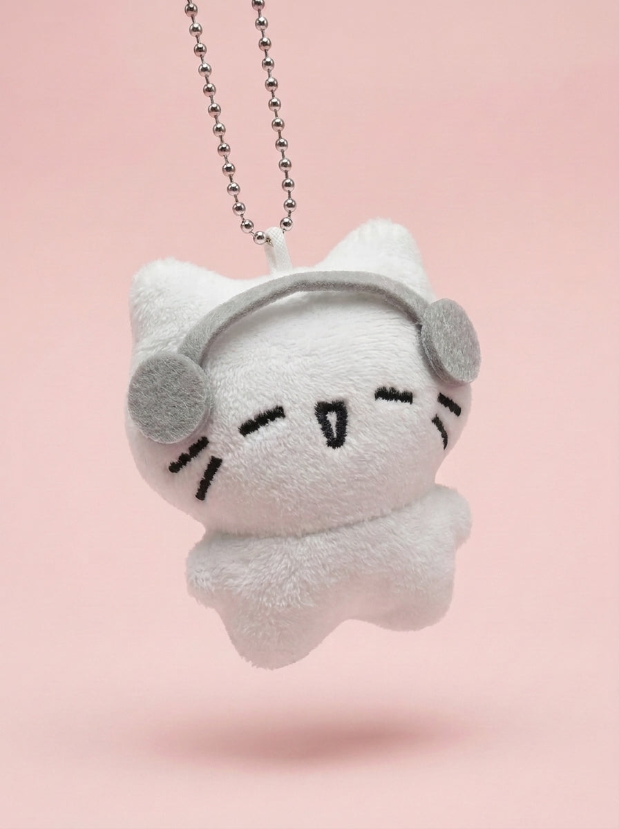 Plush cat keychain with headphones