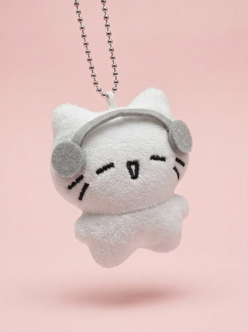 Plush cat keychain with headphones